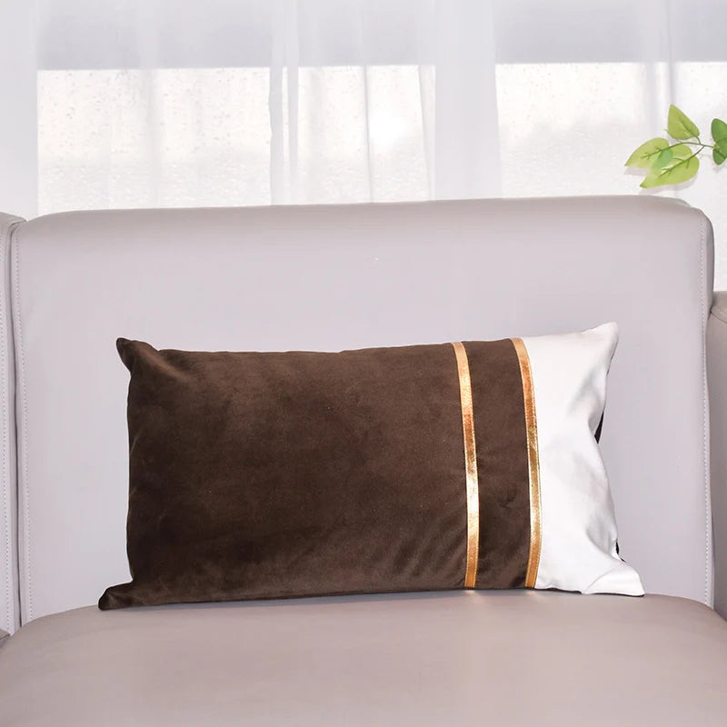 Lumbar Cushion Cover Velvet-Blend Front & Double Gold Stripes