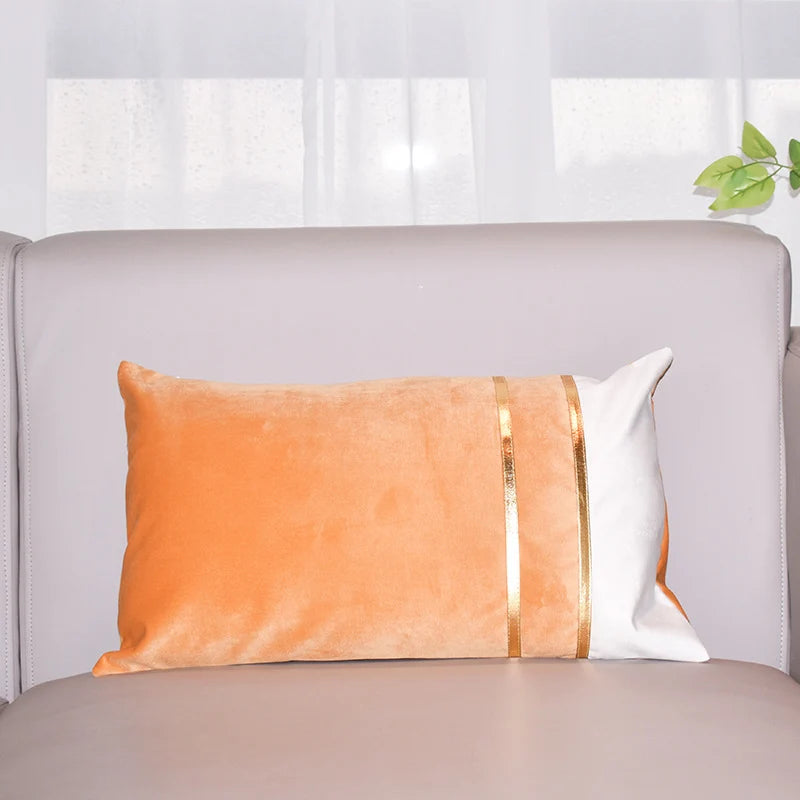 Lumbar Cushion Cover Velvet-Blend Front & Double Gold Stripes