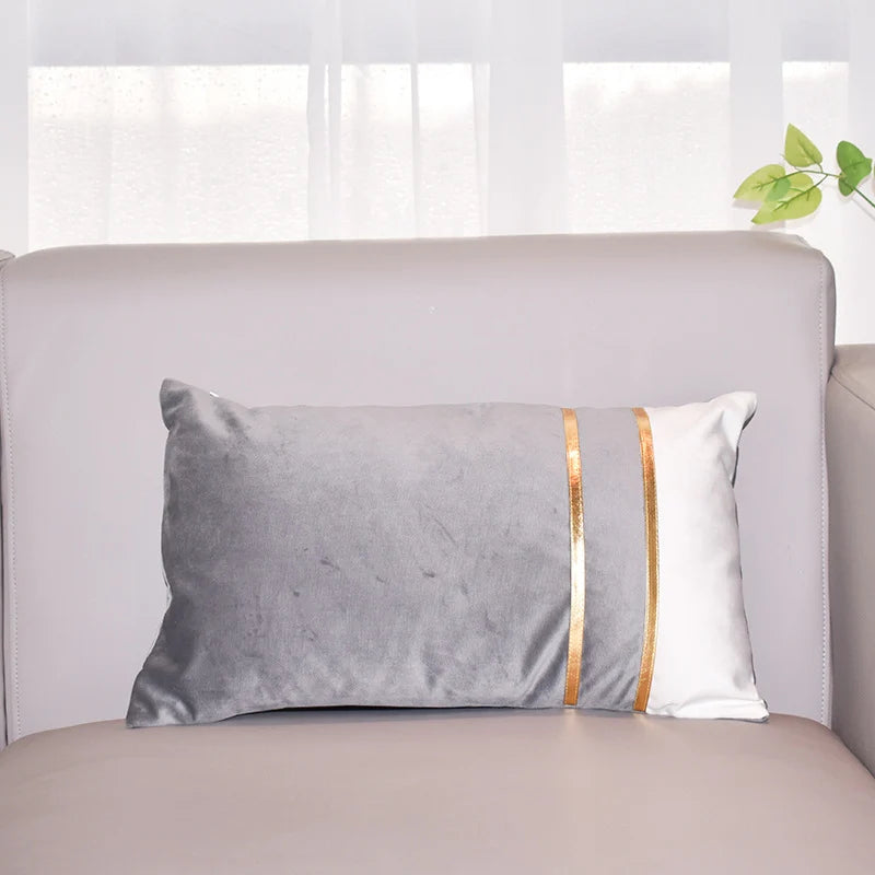 Lumbar Cushion Cover Velvet-Blend Front & Double Gold Stripes