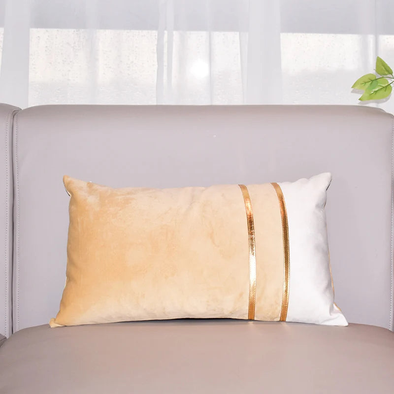 Lumbar Cushion Cover Velvet-Blend Front & Double Gold Stripes