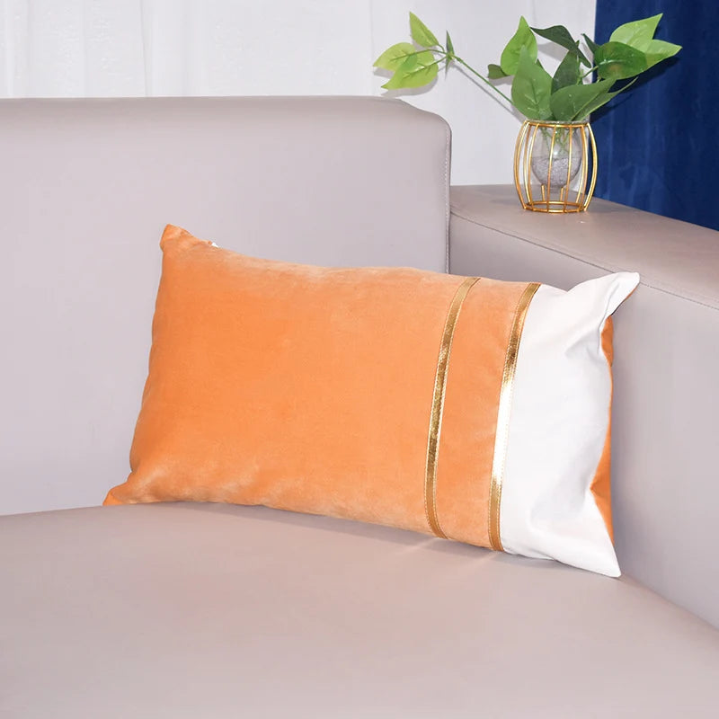 Lumbar Cushion Cover Velvet-Blend Front & Double Gold Stripes