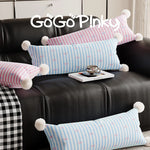 Lumbar Pillow Cotton-Linen Bow-Print & Pom-Pom Corners