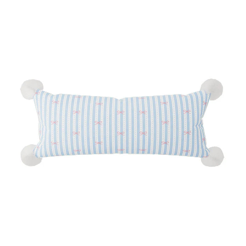 Lumbar Pillow Cotton-Linen Bow-Print & Pom-Pom Corners