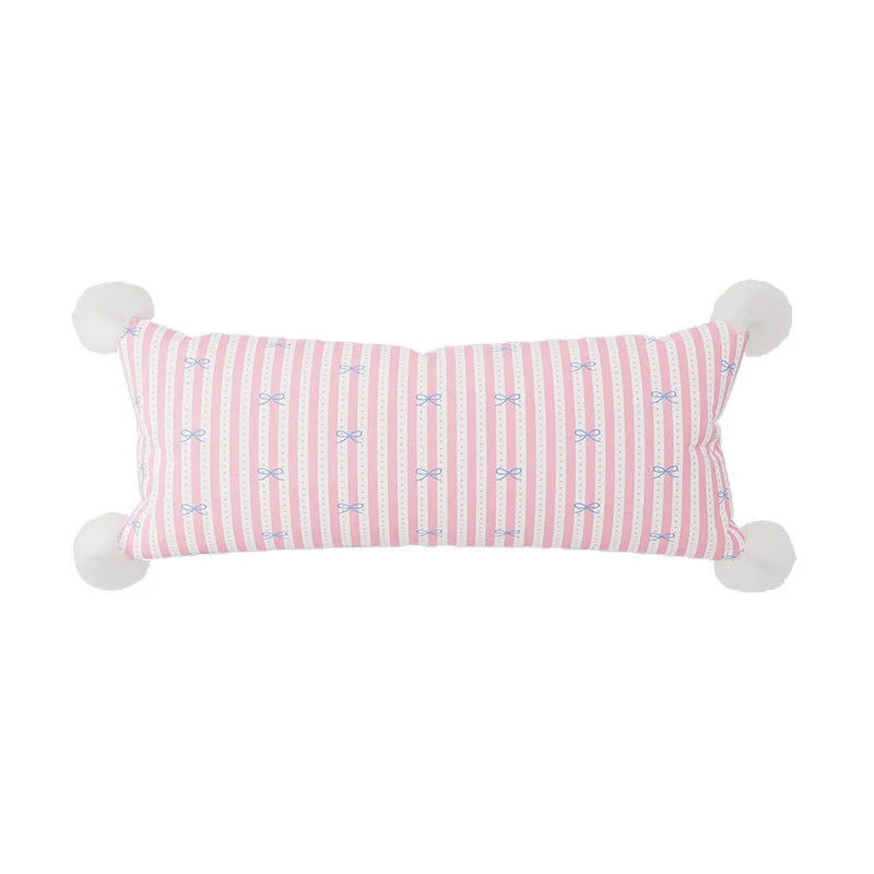 Lumbar Pillow Cotton-Linen Bow-Print & Pom-Pom Corners