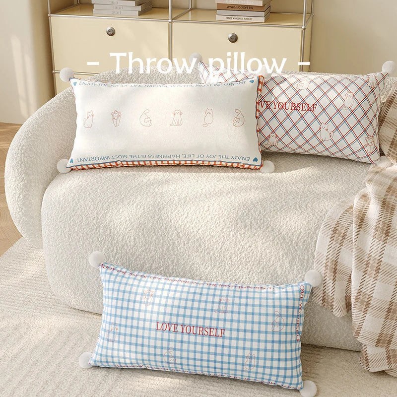 Lumbar Pillow Cover Argyle Cat Motif Embroidered Hidden Zipper