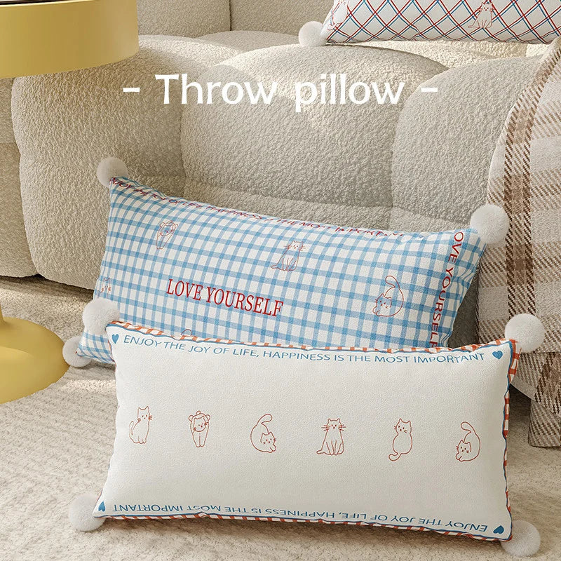Lumbar Pillow Cover Argyle Cat Motif Embroidered Hidden Zipper