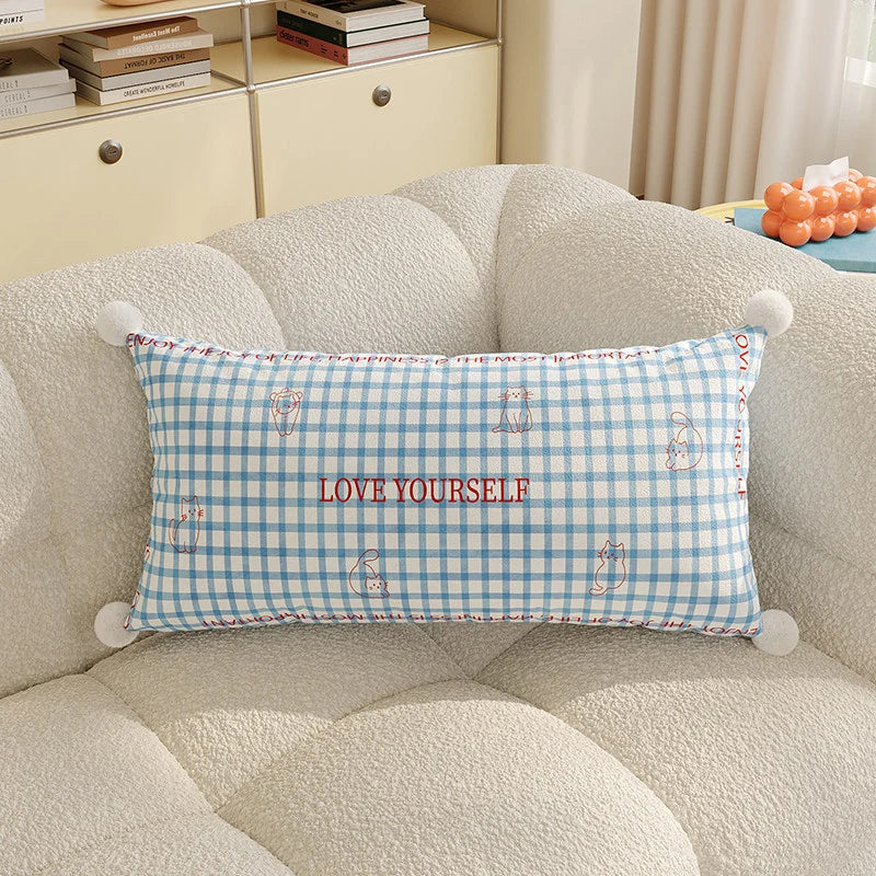 Lumbar Pillow Cover Argyle Cat Motif Embroidered Hidden Zipper
