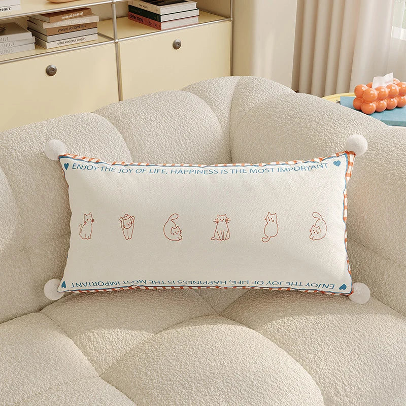 Lumbar Pillow Cover Argyle Cat Motif Embroidered Hidden Zipper