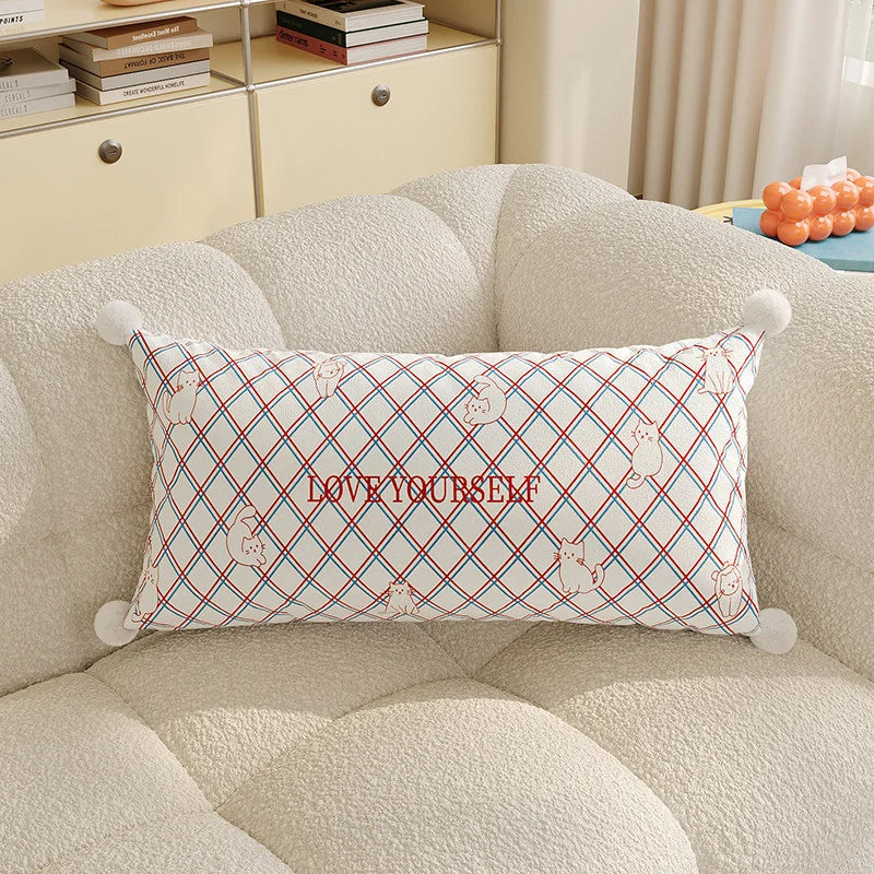 Lumbar Pillow Cover Argyle Cat Motif Embroidered Hidden Zipper