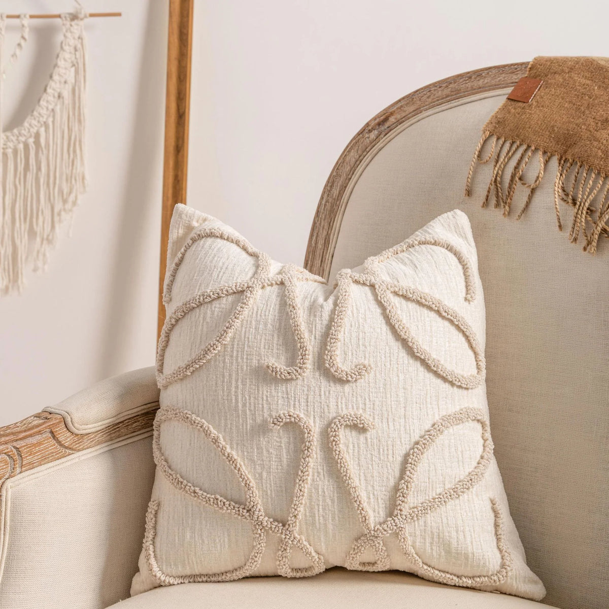 Lumbar Pillow Cover Cotton-Linen Loop-Tufted Machine Washable