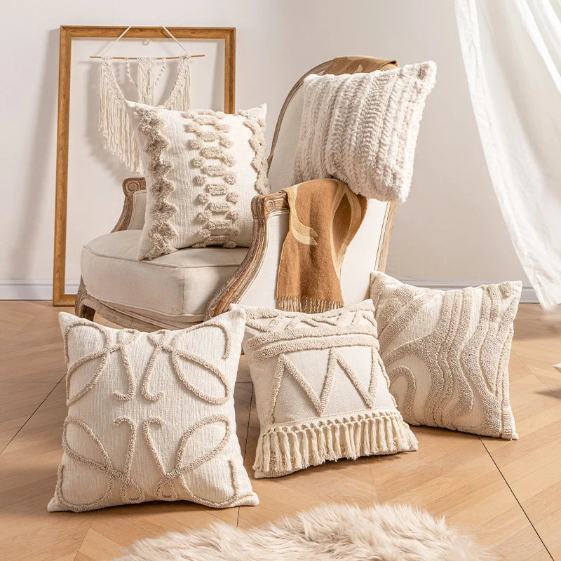 Lumbar Pillow Cover Cotton-Linen Loop-Tufted Machine Washable