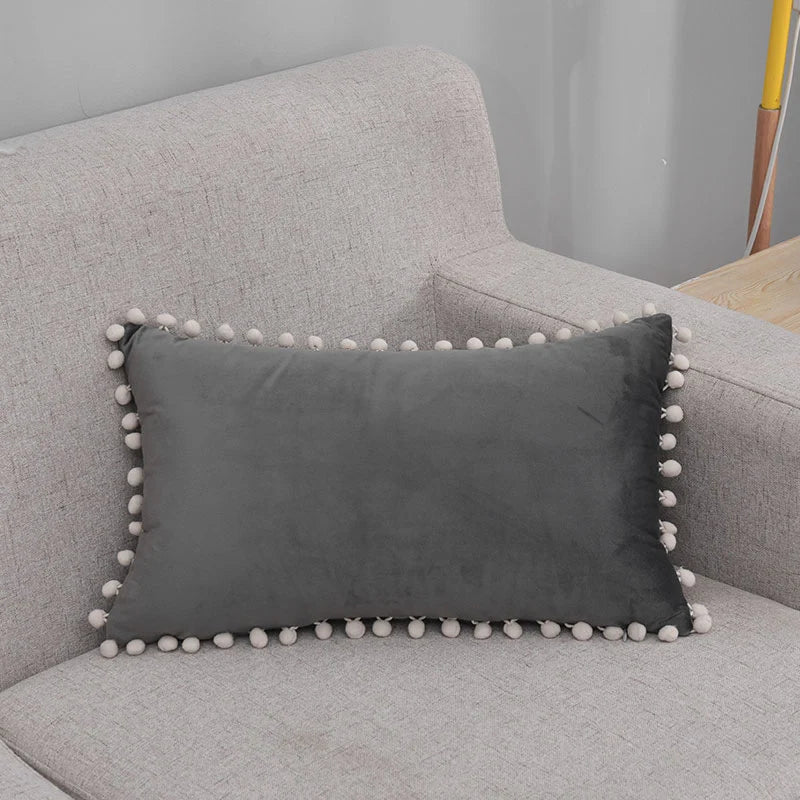 Lumbar Pillow Cover Cotton-Linen Pom-Pom Trim & Hidden Zipper