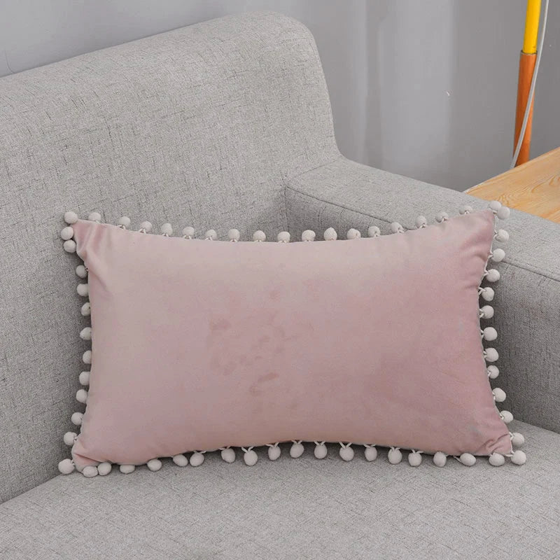 Lumbar Pillow Cover Cotton-Linen Pom-Pom Trim & Hidden Zipper