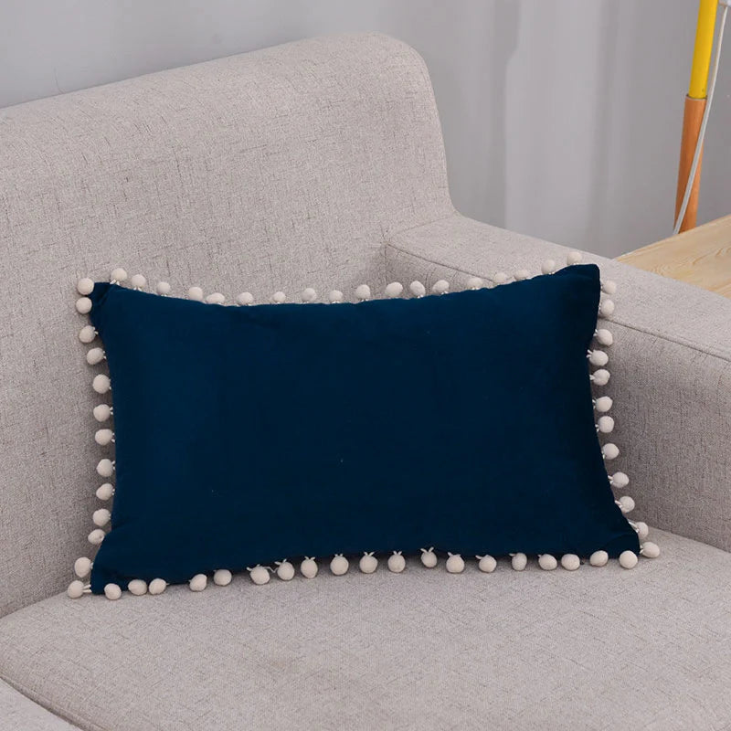 Lumbar Pillow Cover Cotton-Linen Pom-Pom Trim & Hidden Zipper