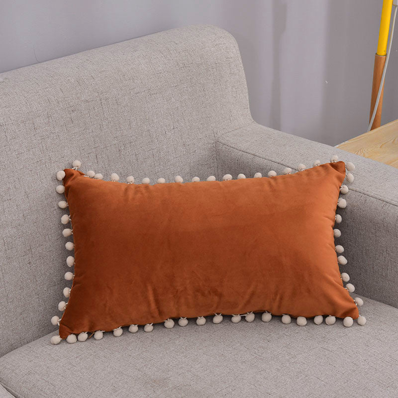 Lumbar Pillow Cover Cotton-Linen Pom-Pom Trim & Hidden Zipper