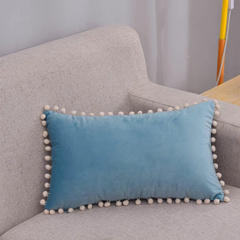 Lumbar Pillow Cover Cotton-Linen Pom-Pom Trim & Hidden Zipper
