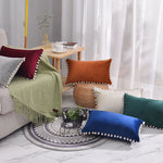 Lumbar Pillow Cover Cotton-Linen Pom-Pom Trim & Hidden Zipper