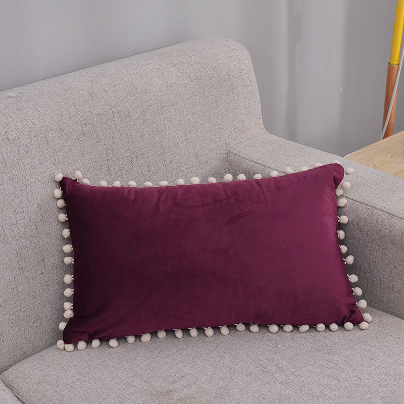 Lumbar Pillow Cover Cotton-Linen Pom-Pom Trim & Hidden Zipper