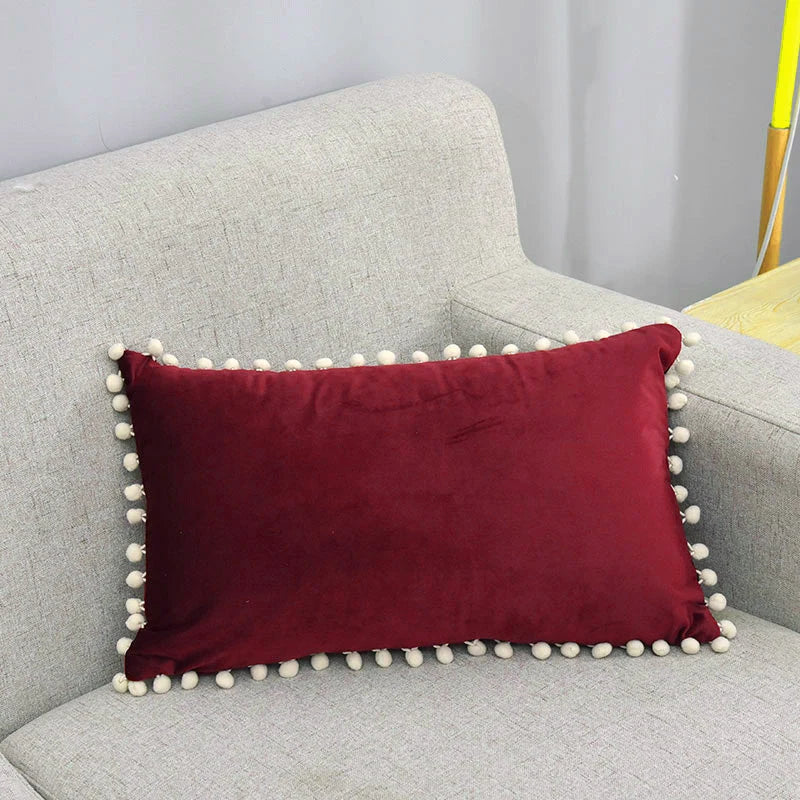 Lumbar Pillow Cover Cotton-Linen Pom-Pom Trim & Hidden Zipper