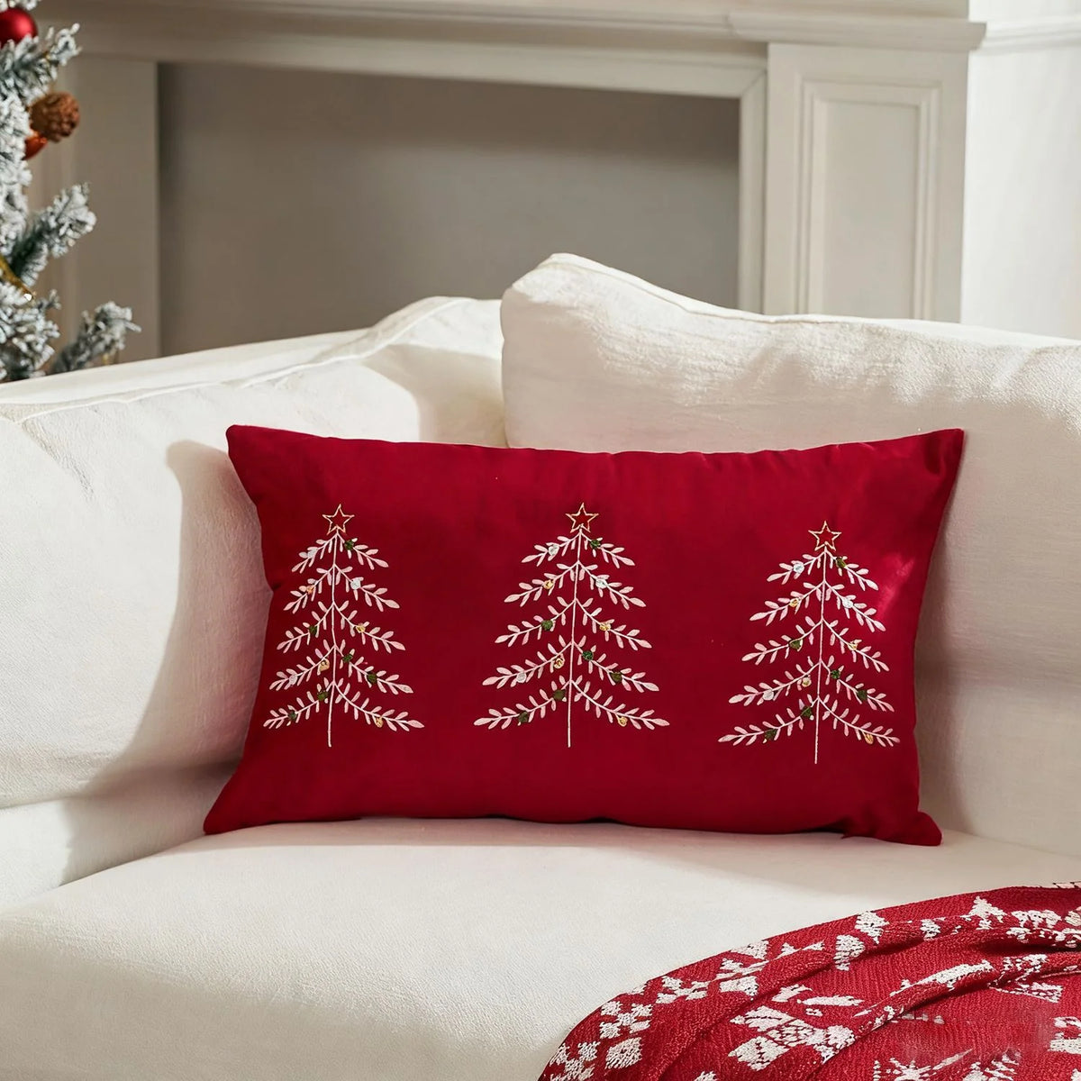 Lumbar Pillow Cover Embroidered Christmas Trees & Metallic Accents