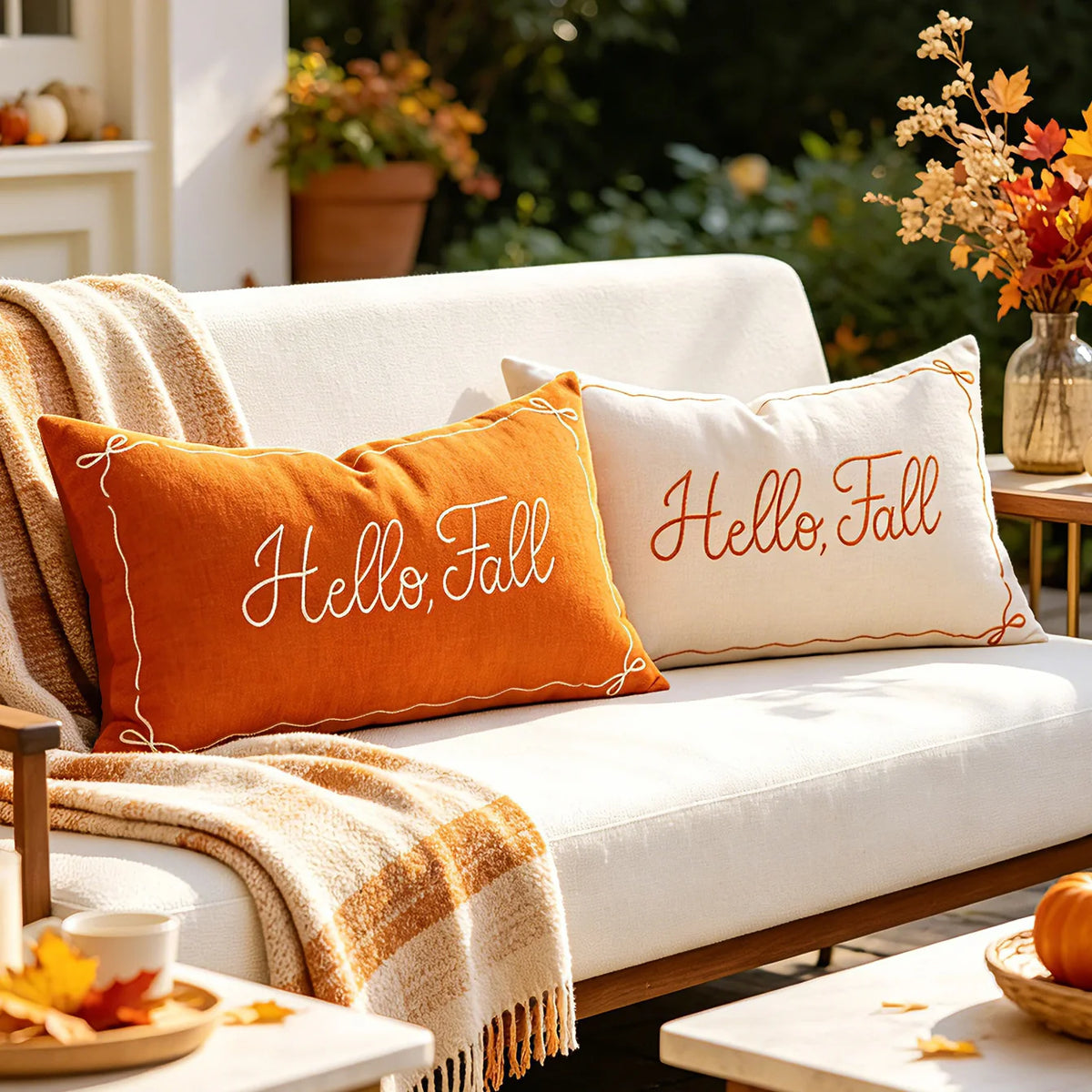 Lumbar Pillow Cover Embroidered Hello Fall Linen-Look