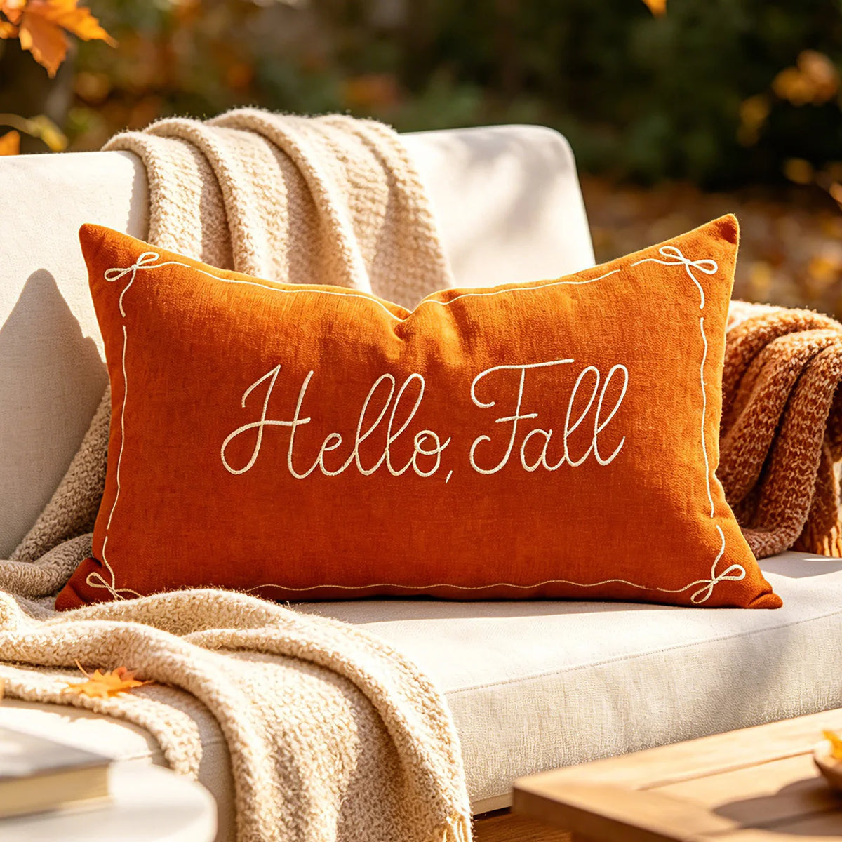 Lumbar Pillow Cover Embroidered Hello Fall Linen-Look