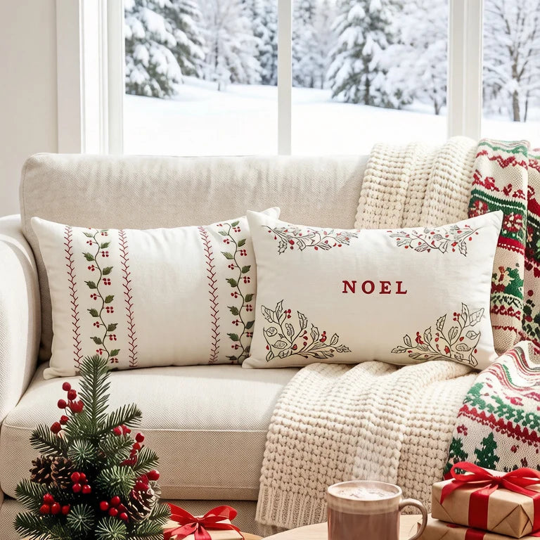 Lumbar Pillow Cover Embroidered Holly Cotton-Linen & Hidden Zipper