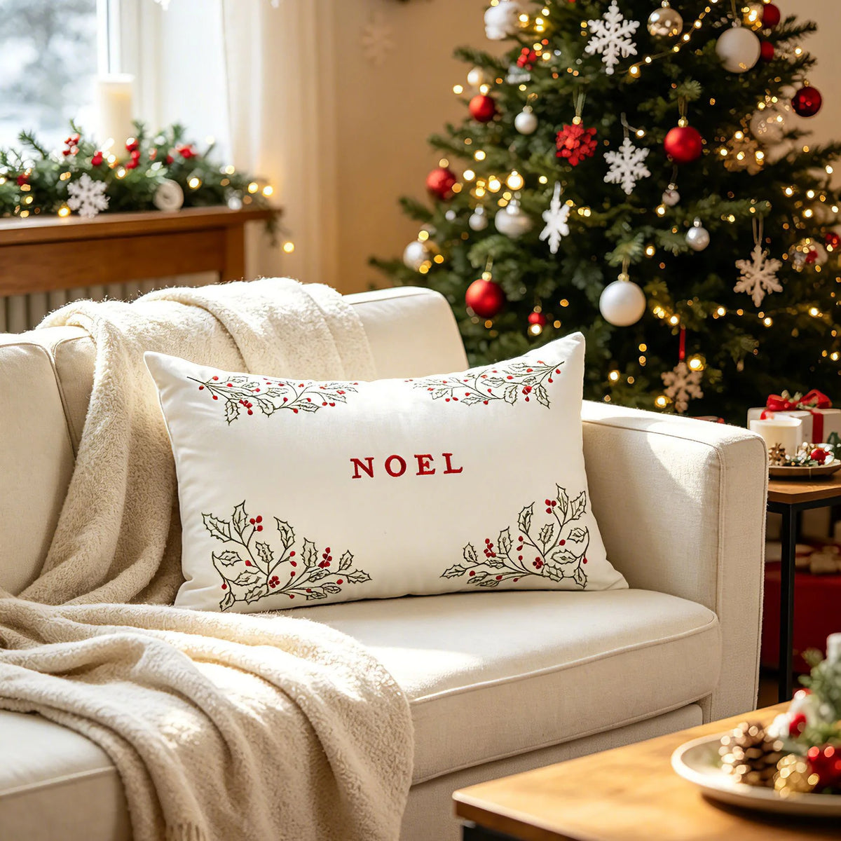 Lumbar Pillow Cover Embroidered Holly Cotton-Linen & Hidden Zipper