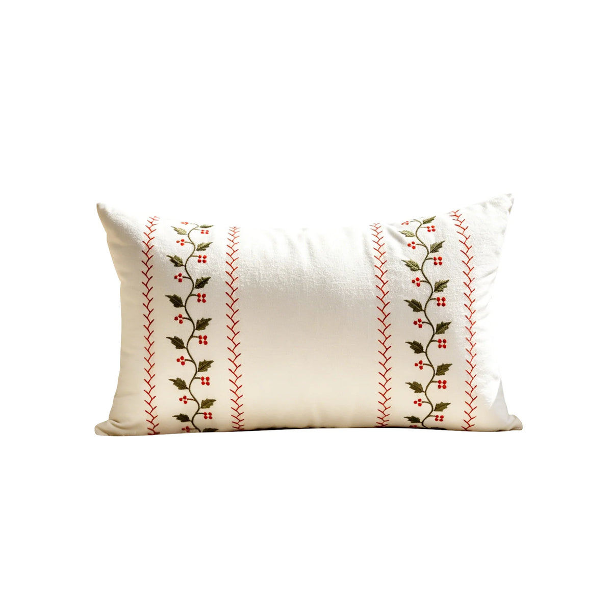 Lumbar Pillow Cover Embroidered Holly Cotton-Linen & Hidden Zipper