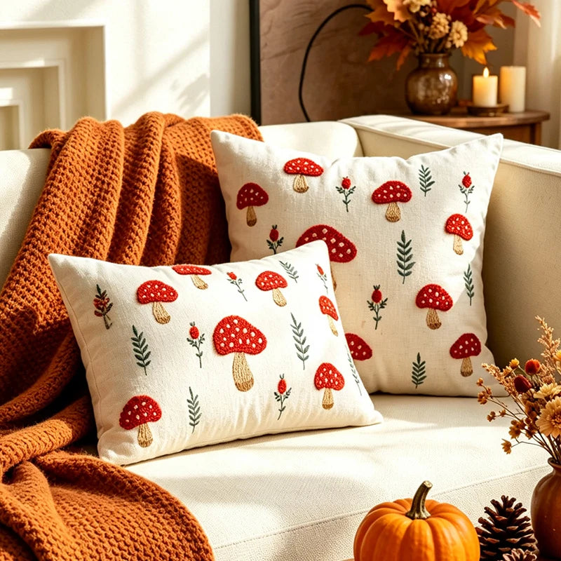 Lumbar Pillow Cover Embroidered Mushroom Linen-Cotton Hidden Zipper