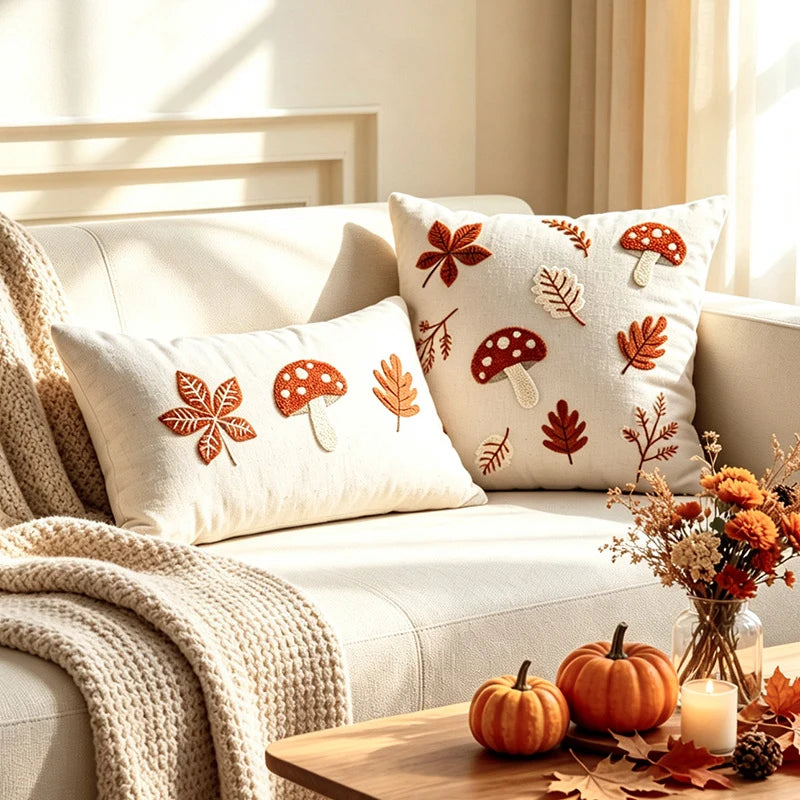Lumbar Pillow Cover Embroidered Mushroom Linen-Cotton Hidden Zipper