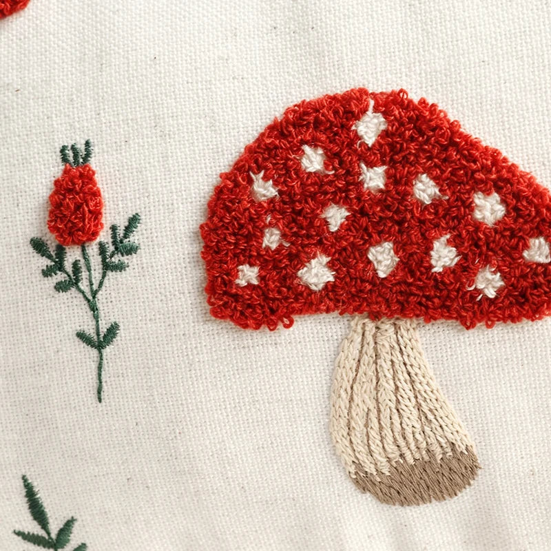 Lumbar Pillow Cover Embroidered Mushroom Linen-Cotton Hidden Zipper