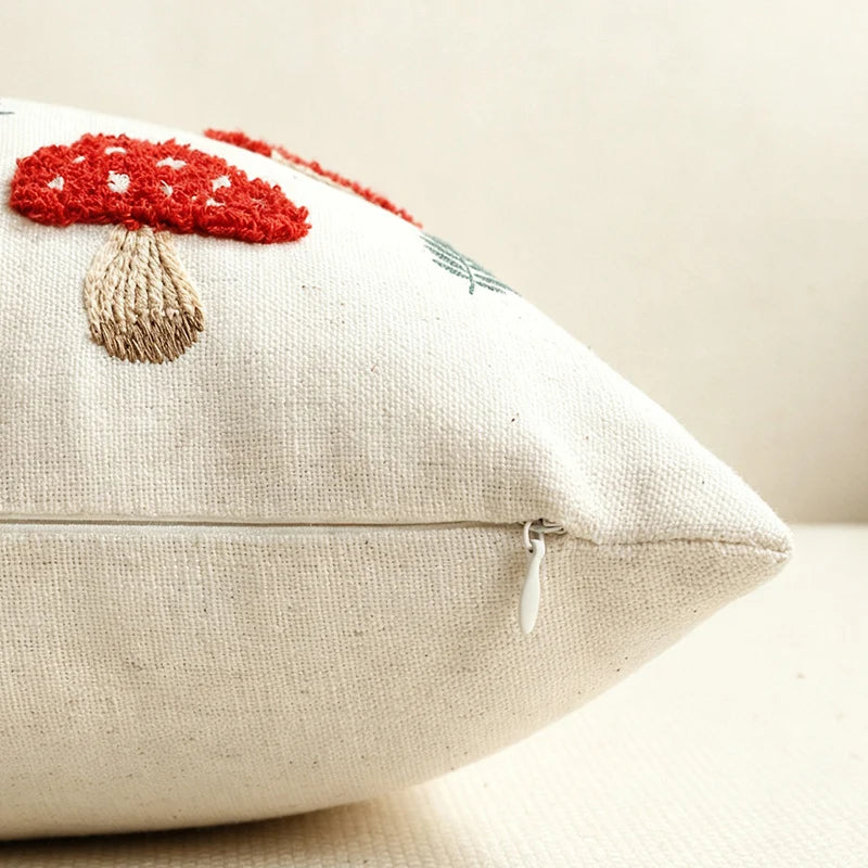 Lumbar Pillow Cover Embroidered Mushroom Linen-Cotton Hidden Zipper