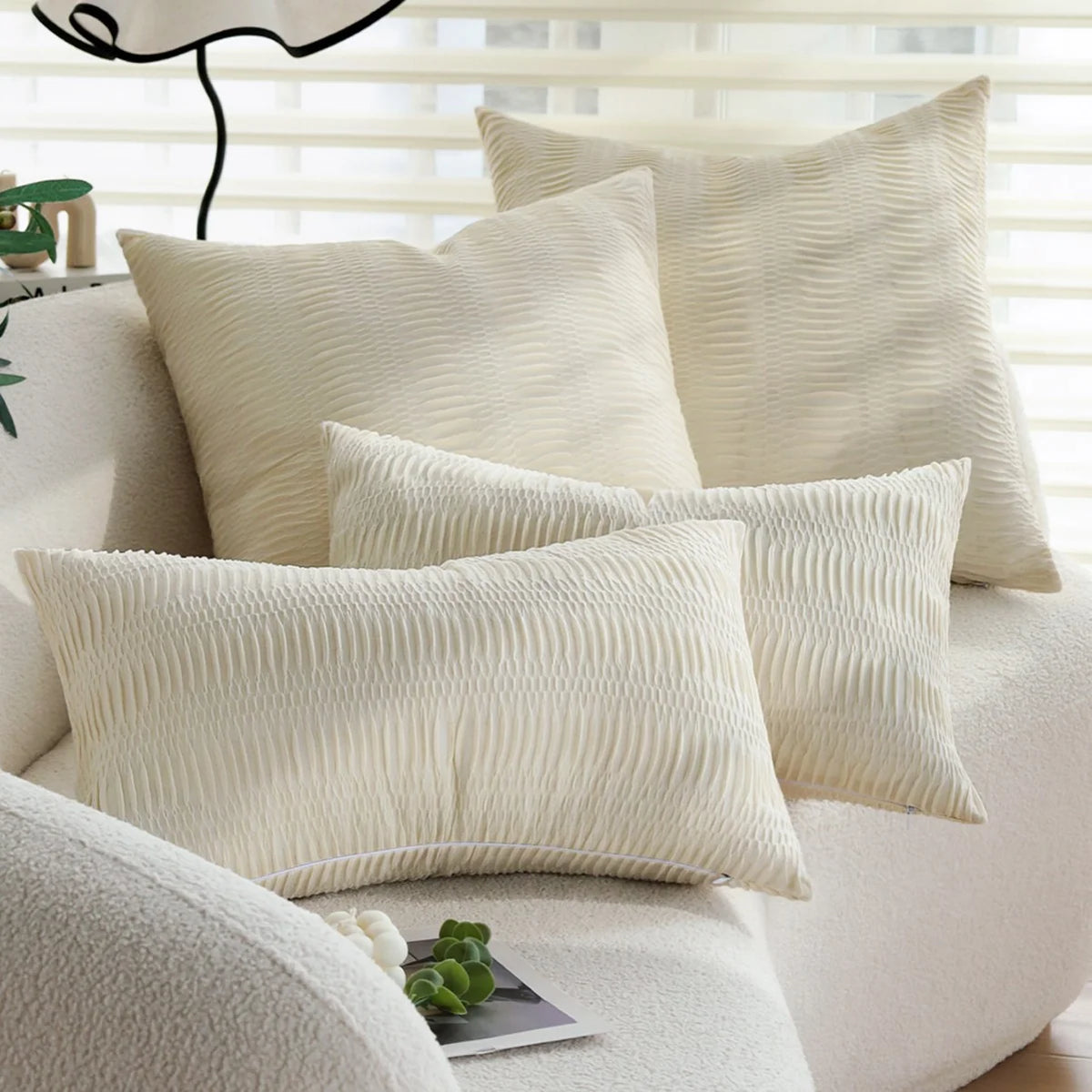 Lumbar Pillow Cover Gathered Pleat Velvety Polyester Blend Concealed Zipper