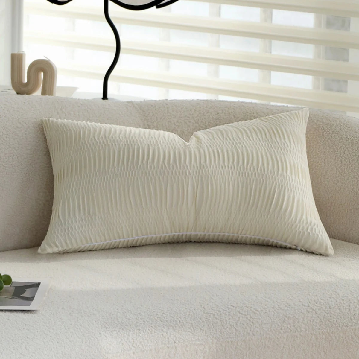 Lumbar Pillow Cover Gathered Pleat Velvety Polyester Blend Concealed Zipper
