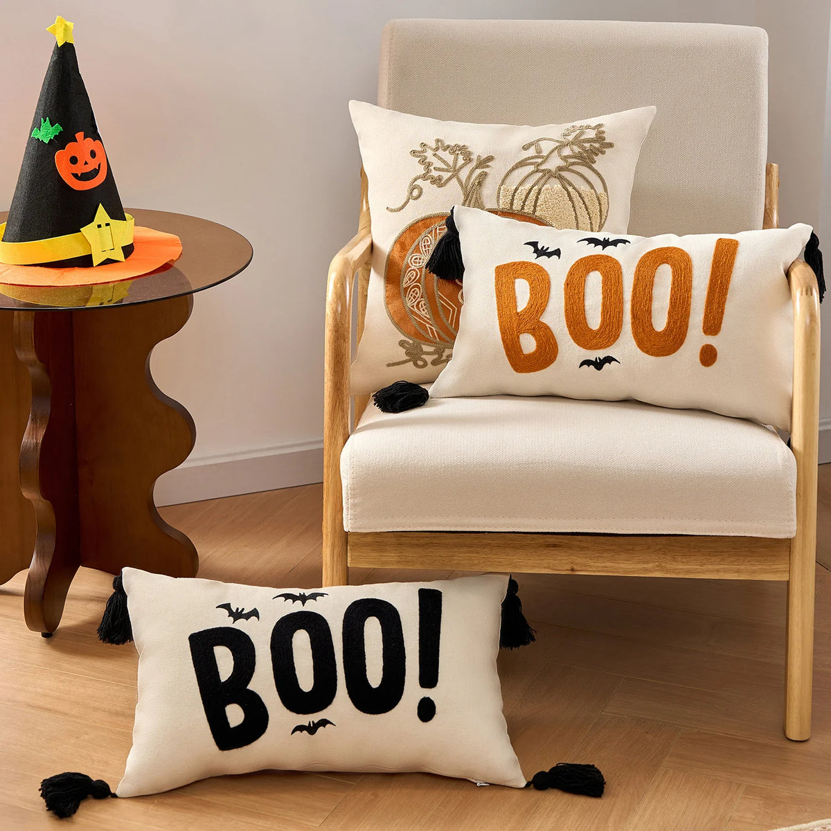 Lumbar Pillow Cover Halloween Boo Cotton-Linen Hidden Zipper