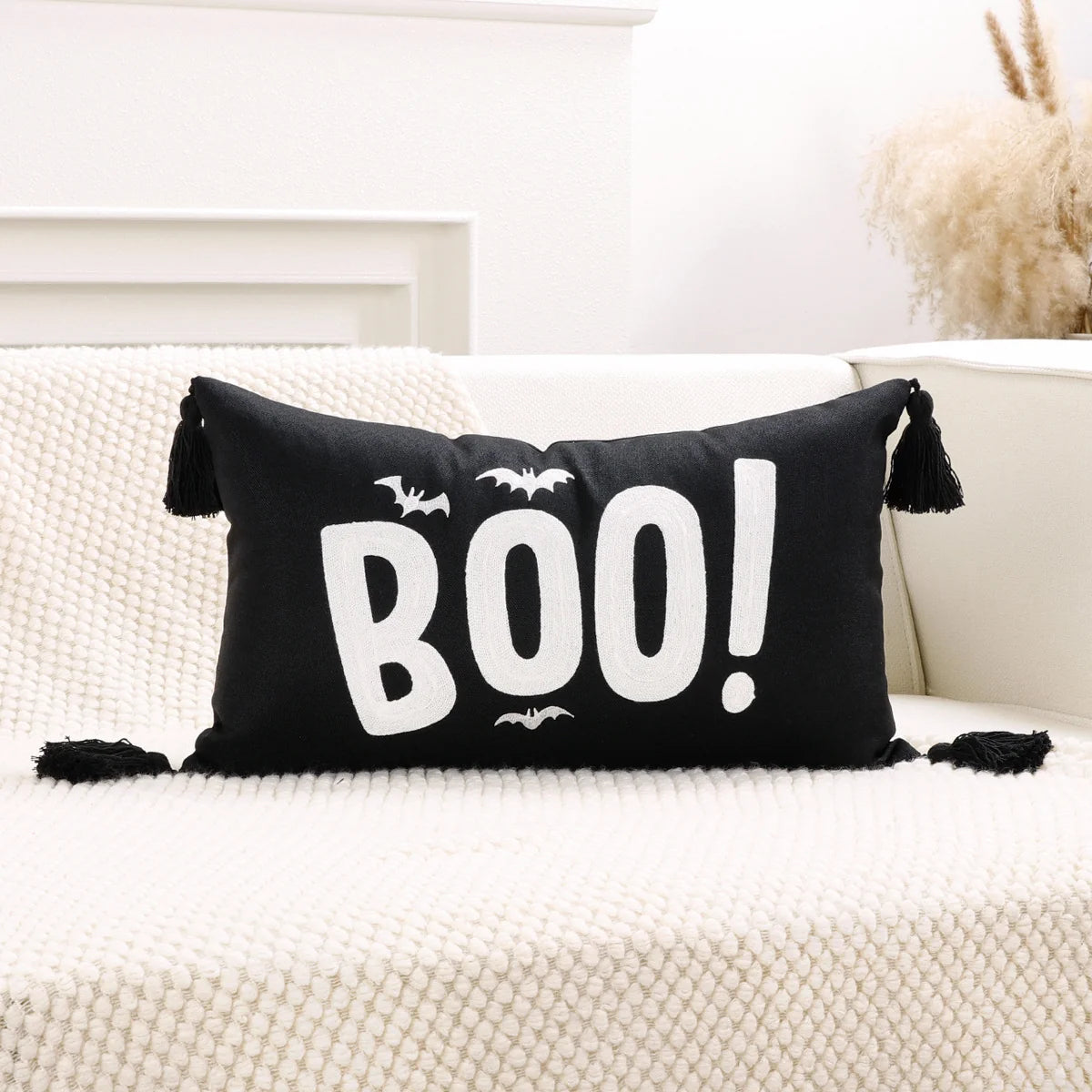 Lumbar Pillow Cover Halloween Boo Cotton-Linen Hidden Zipper