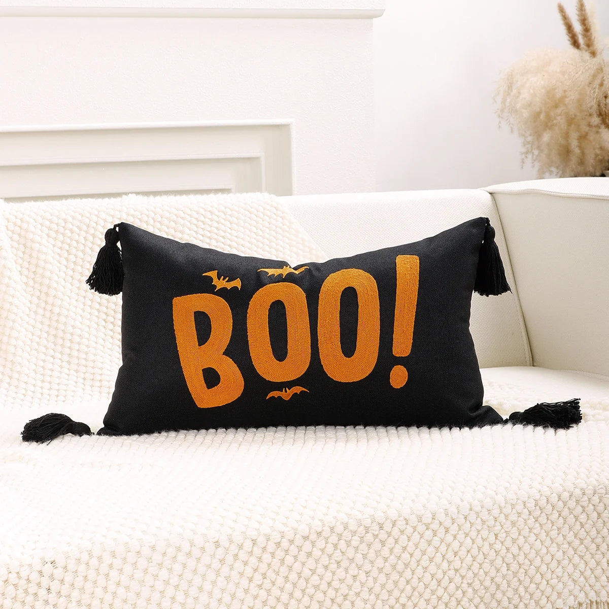 Lumbar Pillow Cover Halloween Boo Cotton-Linen Hidden Zipper