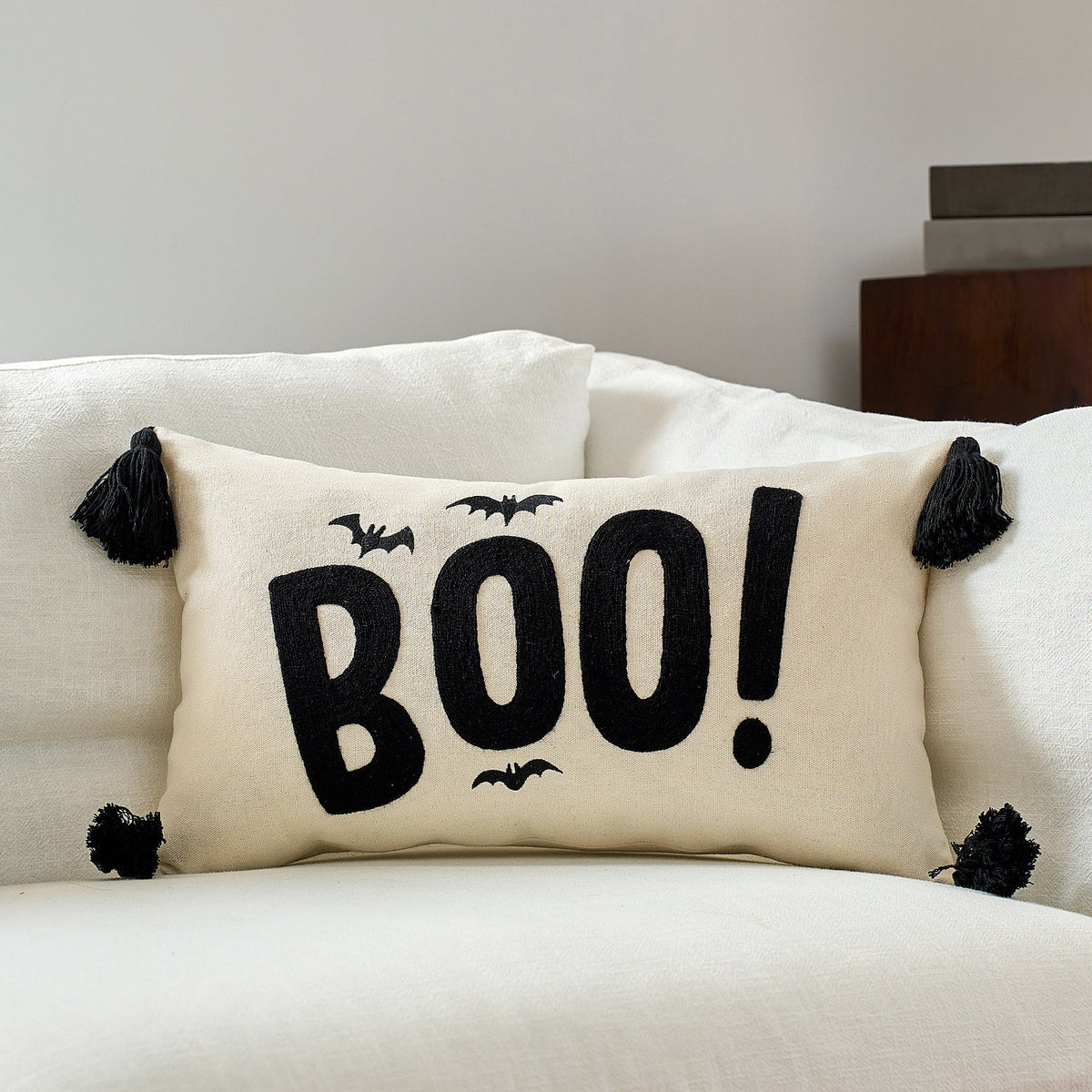 Lumbar Pillow Cover Halloween Boo Cotton-Linen Hidden Zipper