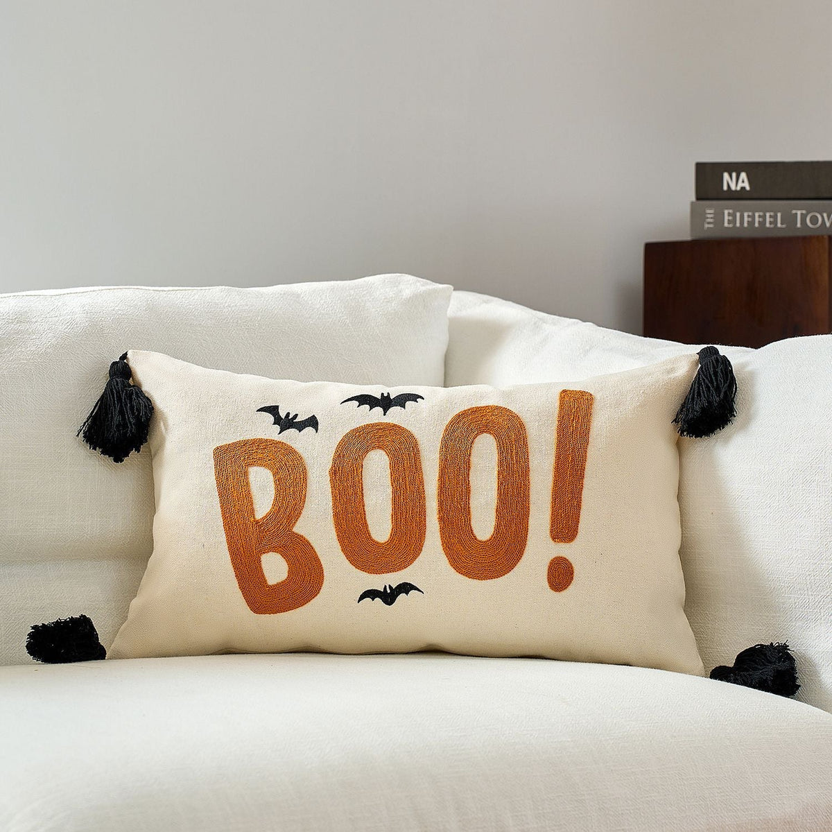 Lumbar Pillow Cover Halloween Boo Cotton-Linen Hidden Zipper