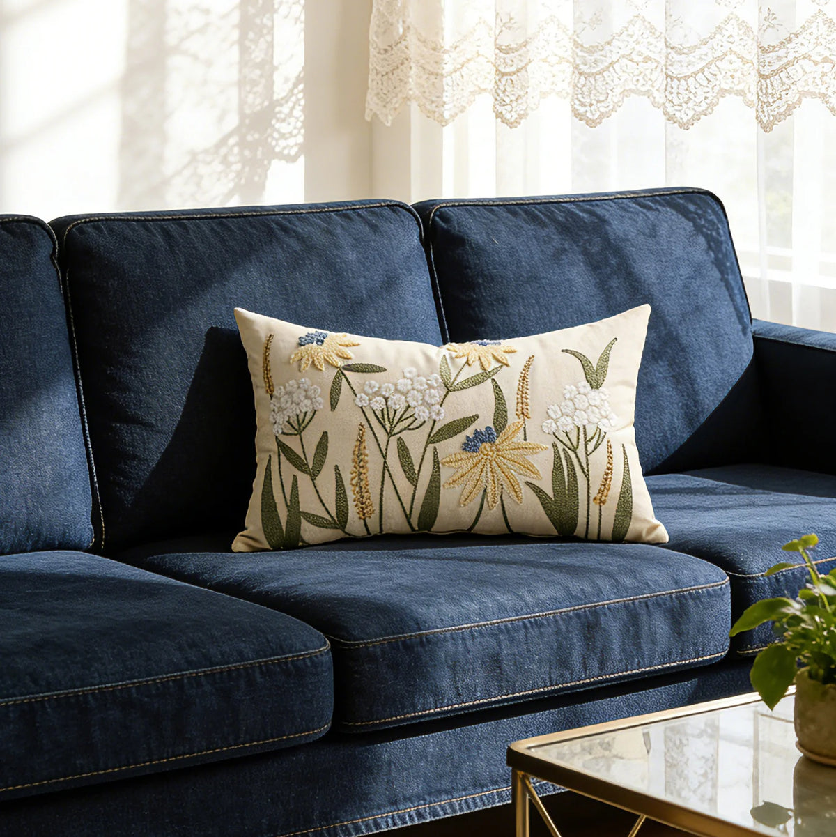 Lumbar Pillow Cover Hand-Embroidered Chenille Hidden Zipper