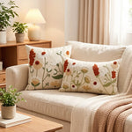 Lumbar Pillow Cover Hand-Embroidered Tufted Floral Cotton-Linen