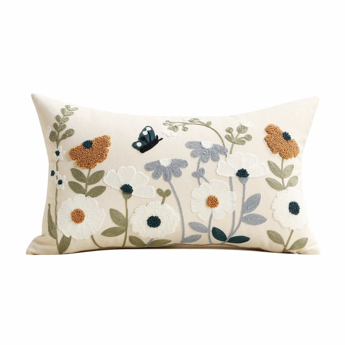 Lumbar Pillow Cover Hand-Embroidered Tufted Floral Cotton-Linen