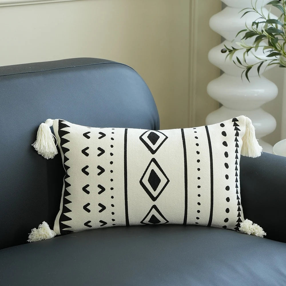 Lumbar Pillow Cover Hand-Tufted Diamond Tassels Woven Cotton Blend