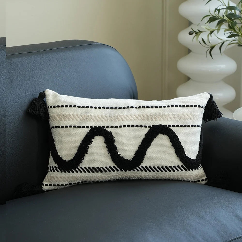 Lumbar Pillow Cover Hand-Tufted Diamond Tassels Woven Cotton Blend