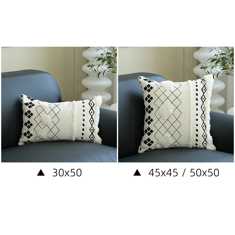 Lumbar Pillow Cover Hand-Tufted Diamond Tassels Woven Cotton Blend