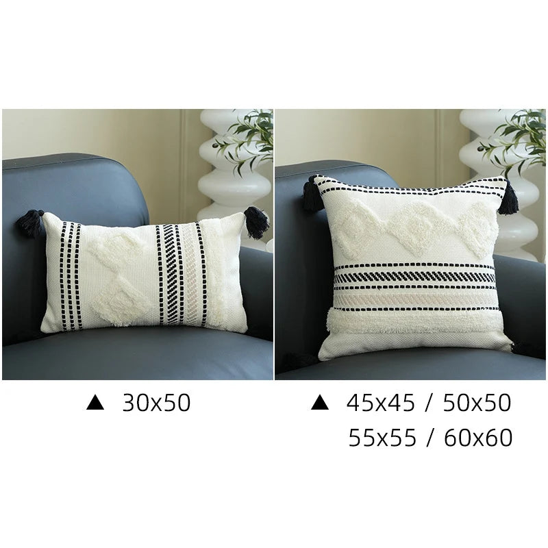 Lumbar Pillow Cover Hand-Tufted Diamond Tassels Woven Cotton Blend