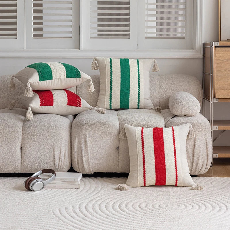Lumbar Pillow Cover Handwoven Cotton Hidden Zipper & Tassels