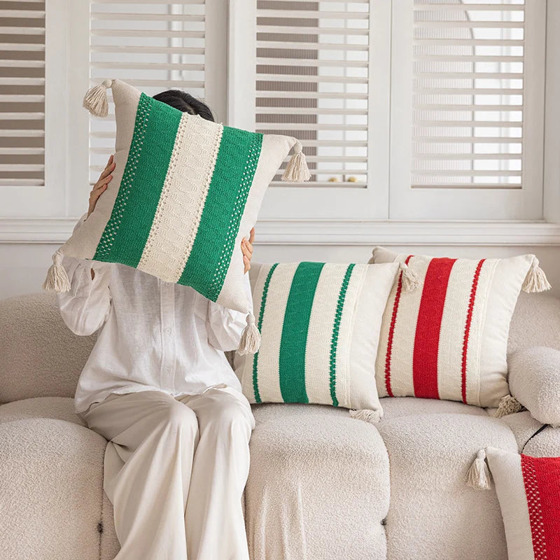 Lumbar Pillow Cover Handwoven Cotton Hidden Zipper & Tassels