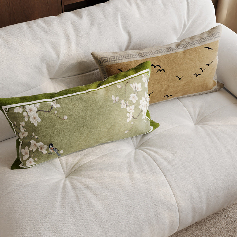 Lumbar Pillow Cover Linen-Blend Velvet Trim Fade-Resistant Print